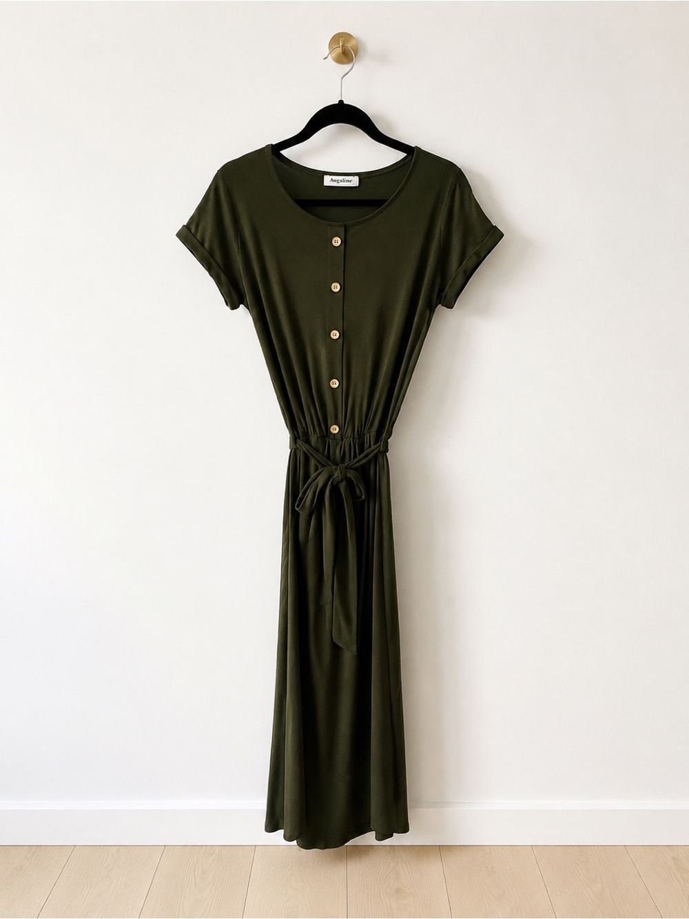 Olive Green Button-Front Tie-Waist Maxi Dress